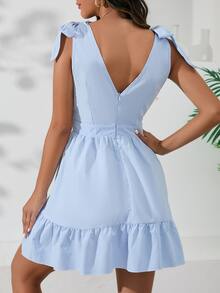 Vestido de tirantes de hombros con cordón bajo con fruncido - Celeste - Ver 2