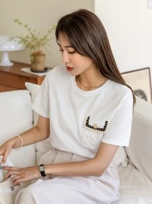 DAZY 口袋贴布 T 恤学院风上衣 - 白色 - 查看 3