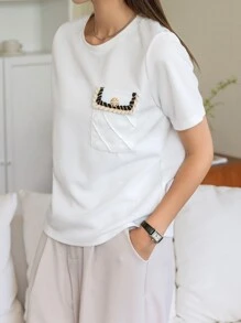 DAZY 口袋贴布 T 恤学院风上衣 - 白色 - 查看 4