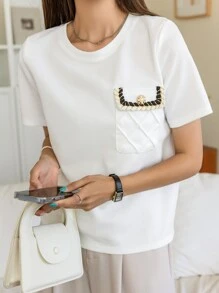 DAZY 口袋贴布 T 恤学院风上衣 - 白色 - 查看 5