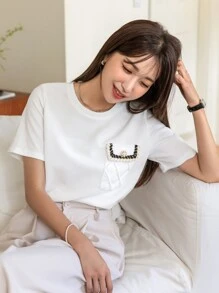 DAZY 口袋贴布 T 恤学院风上衣 - 白色 - 查看 6