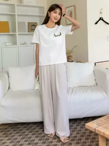 DAZY 口袋贴布 T 恤学院风上衣 - 白色 - 查看 8