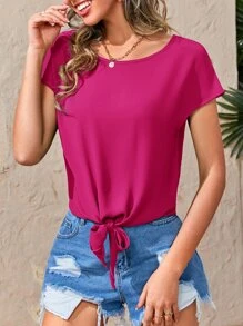 SHEIN LUNE 下擺打結蝙蝠袖襯衫 - 玫紅色 - 查看 1