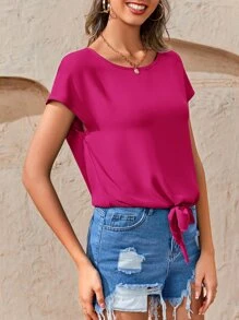 SHEIN LUNE 下擺打結蝙蝠袖襯衫 - 玫紅色 - 查看 5