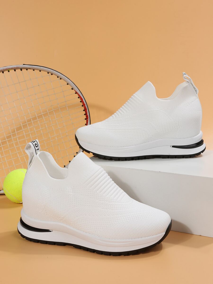 Letter Patch Decor Slip-On Wedge Sneakers - White - View 1