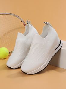 Letter Patch Decor Slip-On Wedge Sneakers - White - View 2