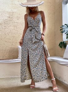 SHEIN VCAY 小碎花圖案開衩腰帶吊帶連衣裙 - 杏色 - 查看 5