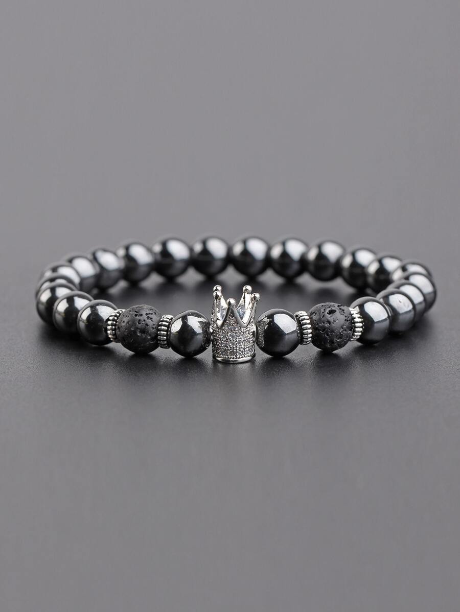 時尚流行男士皇冠裝飾串珠手鍊，適合珠寶禮物和時尚外觀 - 黑色 - 查看 1