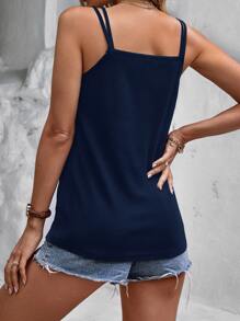 SHEIN LUNE Notched Neck Double Strap Ribbed Knit Cami Top - Navy Blue - View 2