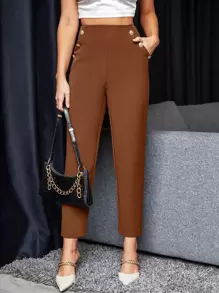 SHEIN Frenchy High Waist Fake Button Slant Pockets Trousers - Rust Brown - View 1