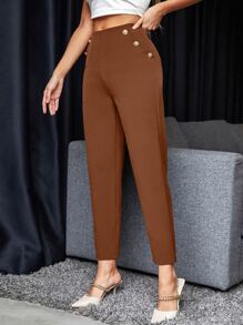 SHEIN Frenchy High Waist Fake Button Slant Pockets Trousers - Rust Brown - View 4