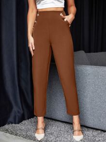 SHEIN Frenchy High Waist Fake Button Slant Pockets Trousers - Rust Brown - View 5