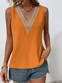 SHEIN LUNE Guipure Lace Panel Blouse - Orange - View 3