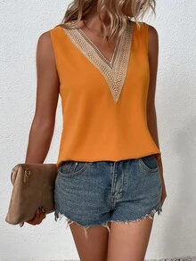 SHEIN LUNE Guipure Lace Panel Blouse - Orange - View 5