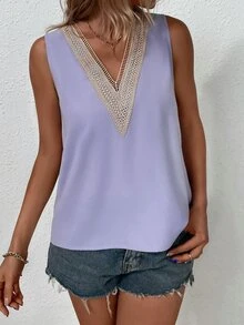 SHEIN LUNE Guipure Lace Panel Blouse - Lilac Purple - View 3