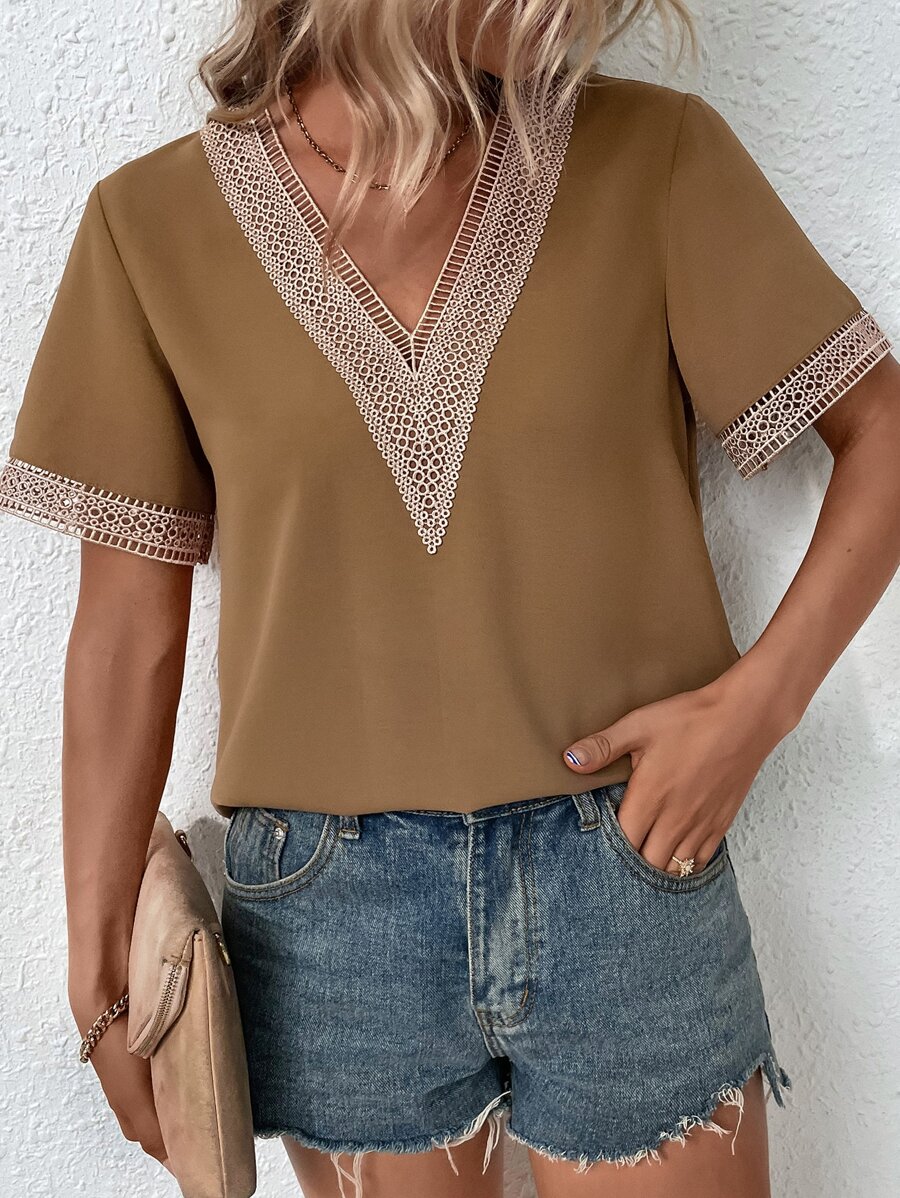 SHEIN LUNE Contrast Guipure Lace Blouse - Brown - View 1