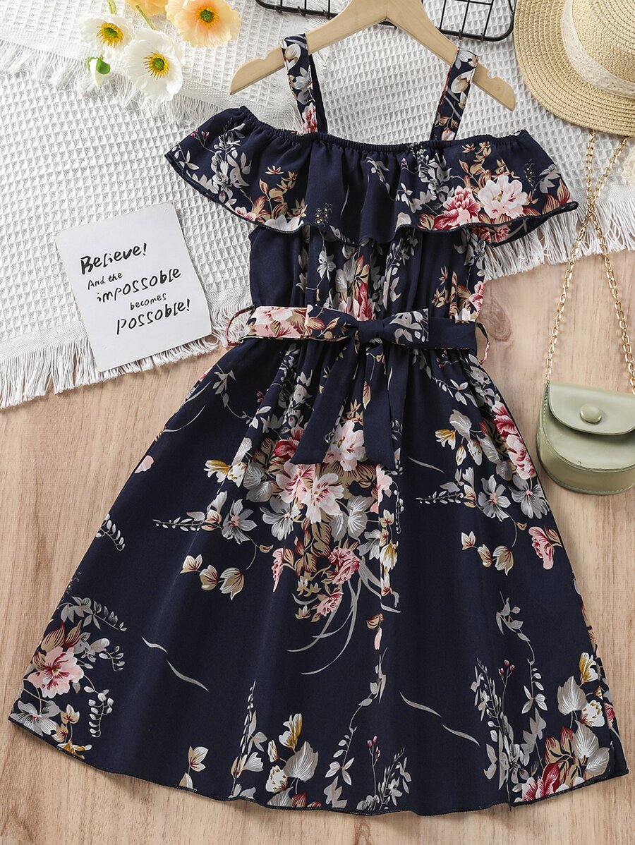 Girls Floral Print Cold Shoulder Belted Dress - Royal Blue - View 1