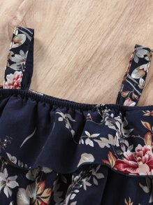 Girls Floral Print Cold Shoulder Belted Dress - Royal Blue - View 4