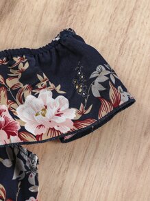 Girls Floral Print Cold Shoulder Belted Dress - Royal Blue - View 6