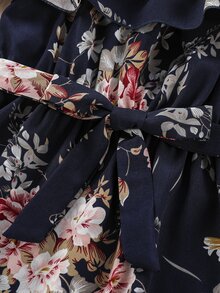 Girls Floral Print Cold Shoulder Belted Dress - Royal Blue - View 3