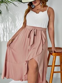 SHEIN VCAY Plus Contrast Lace Belted Cami Dress - Dusty Pink - View 1