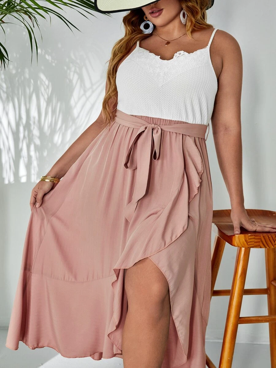 SHEIN VCAY Plus Contrast Lace Belted Cami Dress - Dusty Pink - View 1
