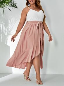SHEIN VCAY Plus Contrast Lace Belted Cami Dress - Dusty Pink - View 3