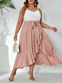 SHEIN VCAY Plus Contrast Lace Belted Cami Dress - Dusty Pink - View 5