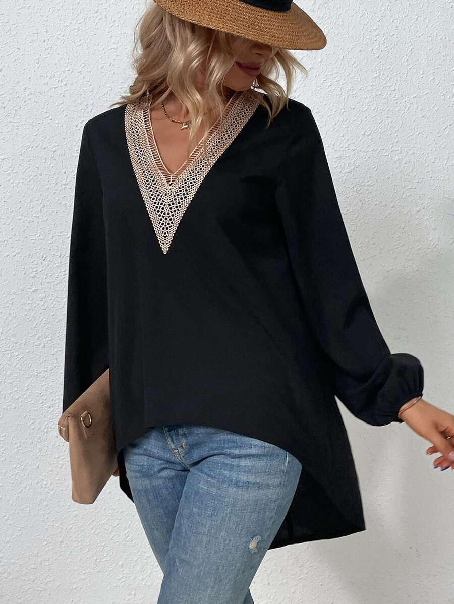 SHEIN LUNE Guipure Lace Insert Curved Hem Blouse - Black - View 1