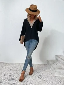 SHEIN LUNE Guipure Lace Insert Curved Hem Blouse - Black - View 4