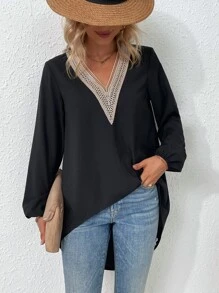 SHEIN LUNE Guipure Lace Insert Curved Hem Blouse - Black - View 6