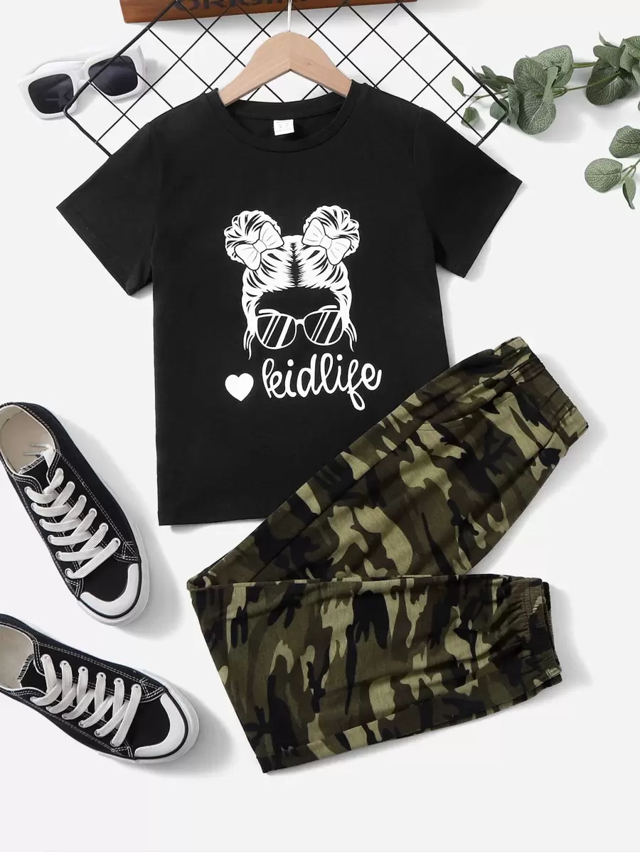 SHEIN Tween Girl Letter & Camo Print Tee & Pants