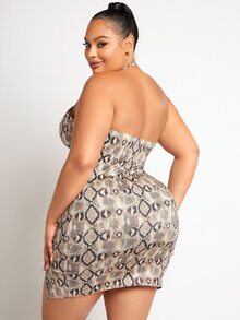 SHEIN SXY Plus Snakeskin Print Backless Split Hem Halter Dress - Multicolor - View 2
