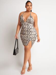 SHEIN SXY Plus Snakeskin Print Backless Split Hem Halter Dress - Multicolor - View 3