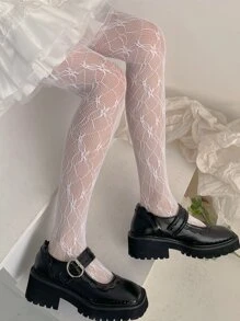 Pantimedias de jacquard con flores rosas y corazón de amor blanco sólido bonito y moderno para mujer 1 pieza - Blanco - Ver 1