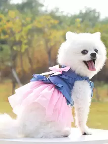 1pc Pet Bow Decorated Denim Gauze Skirt