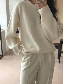 DAZY 罗纹针织落肩毛衣，秋装 - 白色 - 查看 1