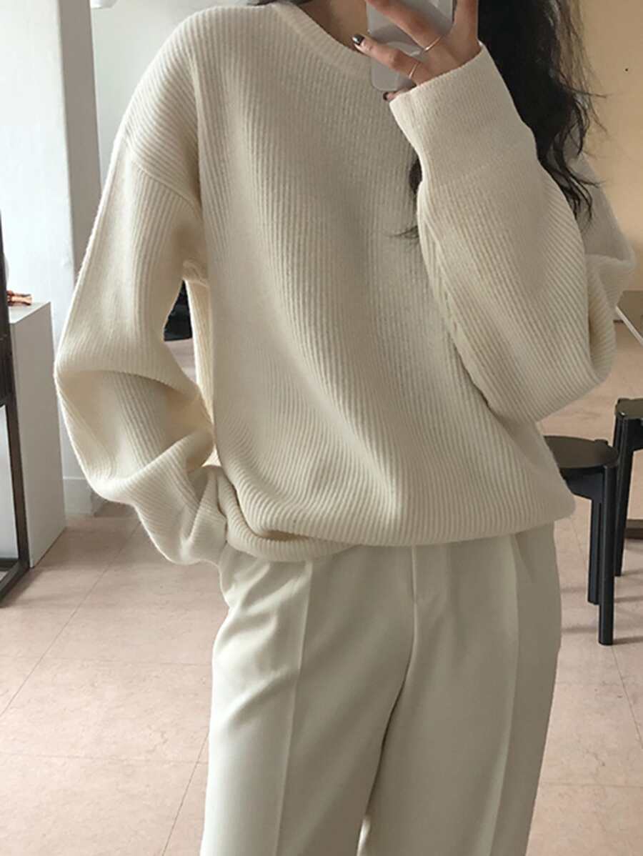 DAZY 罗纹针织落肩毛衣，秋装 - 白色 - 查看 1