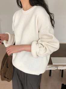 DAZY 罗纹针织落肩毛衣，秋装 - 白色 - 查看 2