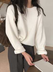 DAZY 罗纹针织落肩毛衣，秋装 - 白色 - 查看 5