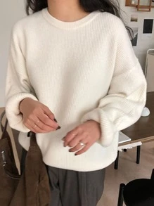 DAZY 罗纹针织落肩毛衣，秋装 - 白色 - 查看 8