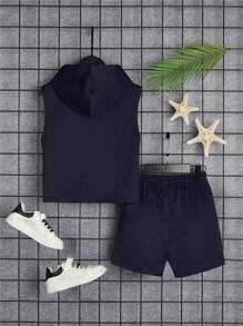 SHEIN Young Boy Letter Patched Detail Hooded Tank Top & Drawstring Waist Shorts - Navy Blue - View 2