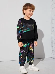 SHEIN Chàng trai trẻ Phản chiếu In Splash Ink Bộ áo chui đầu & quần thể thao - Nhiều màu - Xem 3