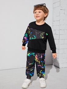 SHEIN Chàng trai trẻ Phản chiếu In Splash Ink Bộ áo chui đầu & quần thể thao - Nhiều màu - Xem 4