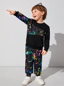 SHEIN Chàng trai trẻ Phản chiếu In Splash Ink Bộ áo chui đầu & quần thể thao - Nhiều màu - Xem 5