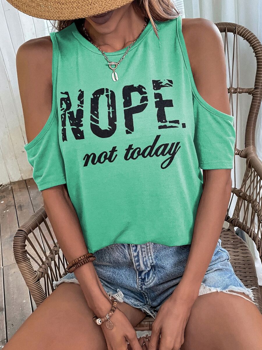 SHEIN LUNE Slogan Graphic Cold Shoulder Tee - Mint Green - View 1