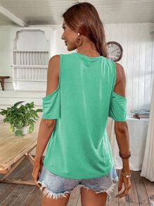SHEIN LUNE Slogan Graphic Cold Shoulder Tee - Mint Green - View 2