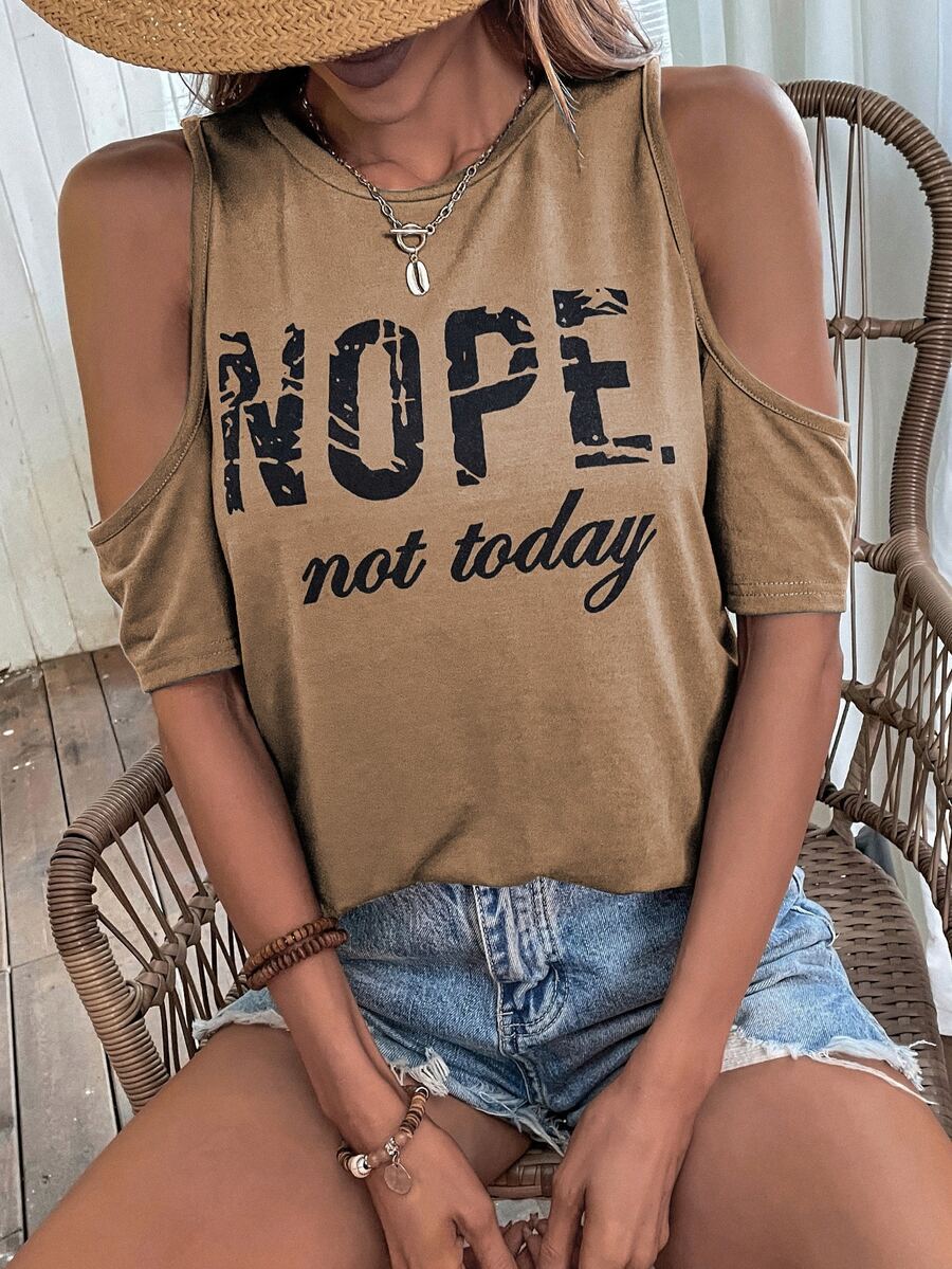 SHEIN LUNE Slogan Graphic Cold Shoulder Tee - Khaki - View 1