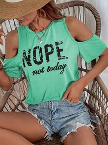 SHEIN LUNE Slogan Graphic Cold Shoulder Tee - Mint Green - View 3