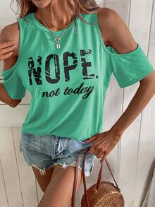 SHEIN LUNE Slogan Graphic Cold Shoulder Tee - Mint Green - View 6